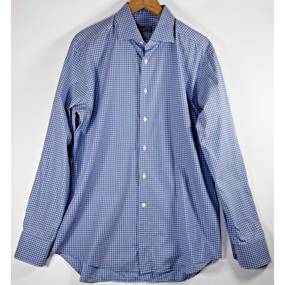 Canali 1934 Mens Dress Shirt 16.5 42‎ Red Blue Gingham Plaid Italy Luxury Cotton